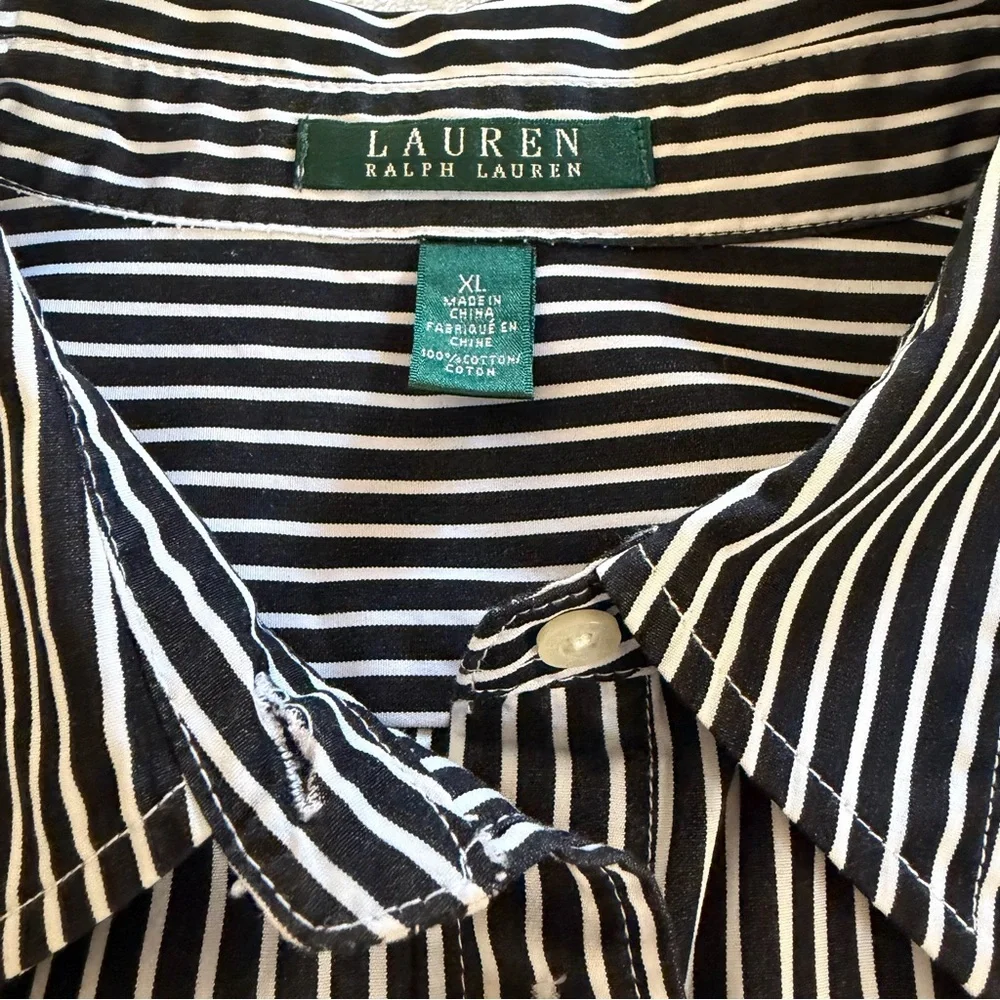 Ralph Lauren Women’s Black White Striped Long Sleeve Button Up Shirt Size XL - Picture 6 of 9